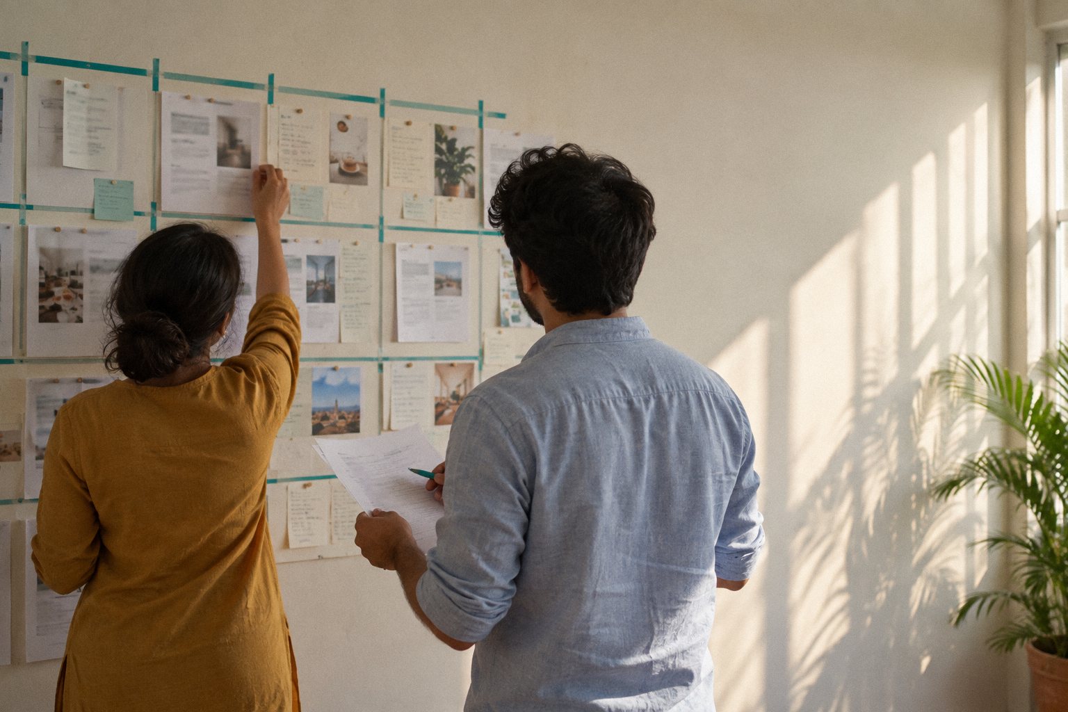 Two people pinning printed post drafts onto a week-by-week content calendar on a studio wall.